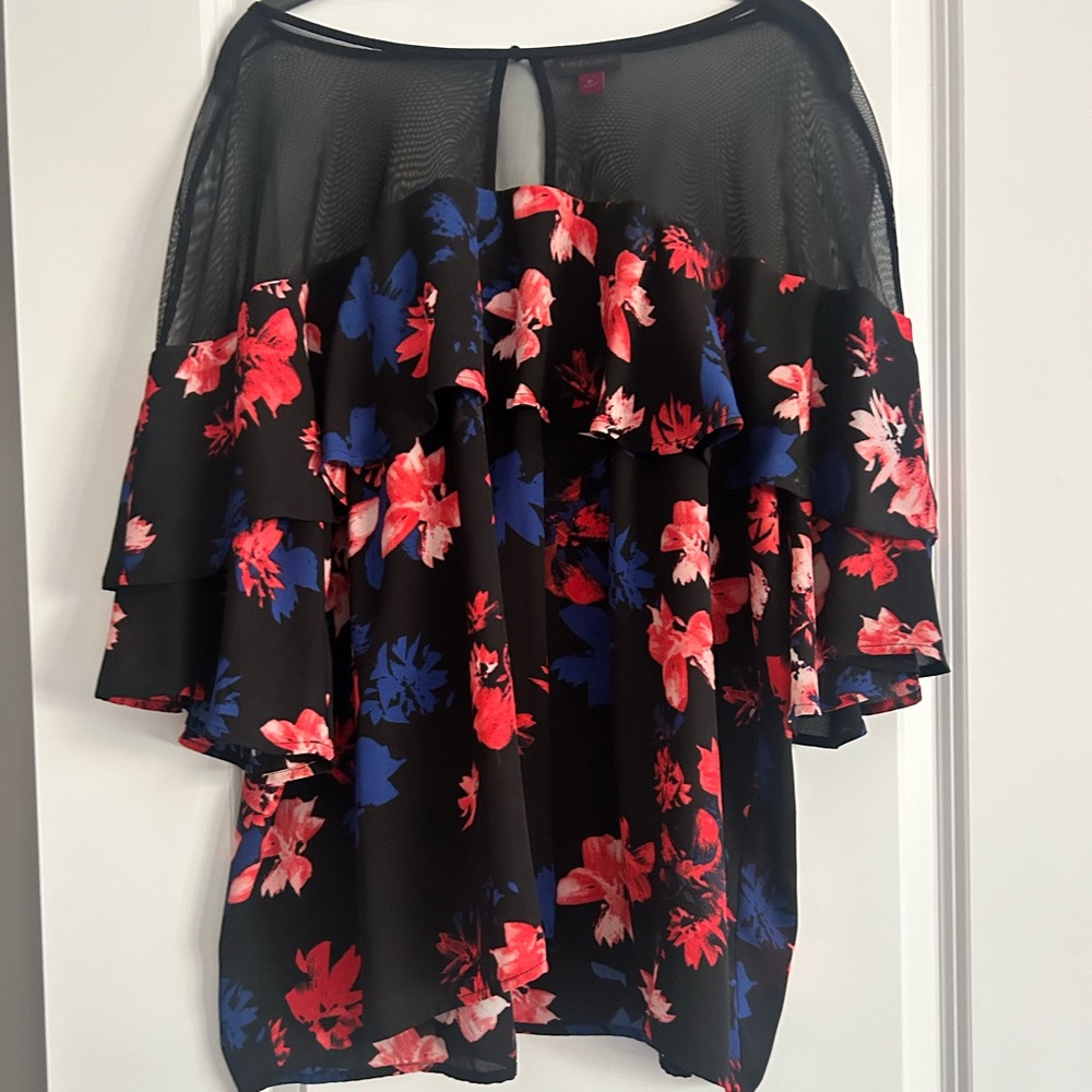 Vince Camuto | Floral Pattern Mesh Blouse | Black | XL